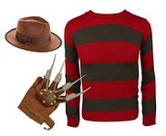 MISSHASHTAG® Men's Women's Red Green Stripe Knitted Jumper, Explore Hat, Claw Glove Set - Unisex Halloween Nightmare On Elm Street Fancy Dress Costume Outfit (X-Large)