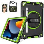 Miesherk Case for iPad 9th/8th/7th Generation 10.2 Inch: Military Rugged Protective Shockproof Cover for iPad 9th/8th/7th Gen 2021/2020/2019-Pencil Holder-Rotating Stand-Hand/Shoulder Strap-Green