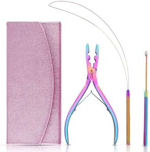 Beauty & Crafts Micro Links Hair Extensions Kit- Stainless Steel Beads Closer and Remover plier, Hair Extensions Loop Needle Pulling Hook, Bead Tool for Hair or Feather Extensions with Leather Pouch