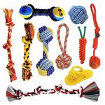 Foodie Puppies 10-Pcs Cotton Rope Chew Toy Combo for Dogs - Includes 2-Knot, 3-Knot, & 4-Knot Ropes, Cotton Ball, Slipper, Carrot Rope, 2-KNT Rope Ball, Handle Ball, Tennis Dumbbell, & Dumbbell Rope