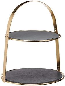 Artesà Soporte para Tartas, 2 Pisos, con Fuentes Redondas de Pizarra y Acabado Latón, 29,5 x 29,5 x 35 cm