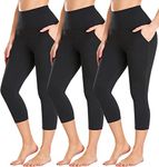 DHSO High Waisted Capri Leggings with Pockets for Women, Non See-Through Tummy Control Workout Yoga Pants for Running, Cycling 3 Pack Black, Large-X-Large