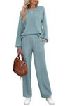 WIHOLL Womens 2 Piece Outfits Sweatsuits Set 2023 Fall Wide Leg Sweatpant Blue Green M