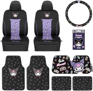 Carbella Kuromi Car Seat Covers, Car Floor Mats, Steering Wheel Cover, Windshield Sun Shade for Car Gift Pack Car Air Freshener Black and Purple Hello Kitty Car Accessories for Women 9pc Combo