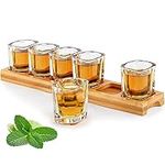 Shot Glasses Set Holder and Shot Glass Cups Bulk 60ml Set of 6 Cocktail Drinks Serving Board Organizer with Clear Crystal Glasses for Liquor Shots Whiskey Brandy Vodka Rum Home Party Bar