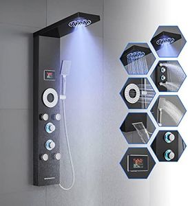 ROVOGO No Battery Needed Shower Panel System with Led Lights, MIST & RAIN Shower, 5 Body Jets, Handheld, Tub Spout and Temperature Display, Water Powered Led Shower Tower Column Stainless Steel, Black