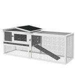 PawHut Rabbit Hutch with Run Wooden Guinea Pig Hutch Outdoor Bunny Cage Hide House with Sliding Tray, Hay Rack, Ramp, 156 x 58 x 68cm, Grey