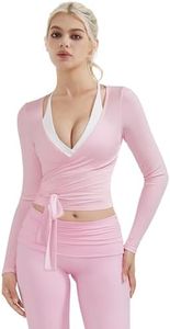 SUUKSESS Women Pilates Wrap Workout Cropped Top Ribbed Long Sleeve V Neck Tie Front Ballet Yoga Shrug Blouse(Pink,S)