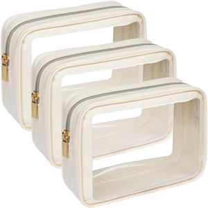 F-color TSA Approved Toiletry Bag 3 Medium - Clear Toiletry Bag Clear Makeup for Women, Quart Size Travel Bag, Carry on Airport Airline Compliant Bag, Beige(for age 12 or above)