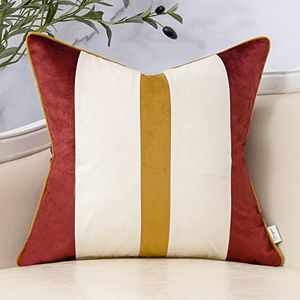 Yangest Wine Red Patchwork Throw Pillow Cover Gold Striped Velvet Cushion Case Modern Pillowcase for Sofa Couch Bedroom Living Room Home Decor,18x18 Inch