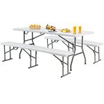 S AFSTAR 3 PCS Folding Table and Benches, 6Ft Camping Table & 2-Pack Folding Chairs with Carry Handles, Indoor Outdoor Rectangle Folding Desk & Long Chairs for Picnic Party Camping BBQ, Assembly-Free