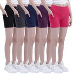 BRLIDO 5-Pack Youth Girls 5" Volleyball Bike Shorts- Kids Running Yoga Athletic Gymnastics Short with Pockets, Black/Grey/Navy/Rose/Purple, Large