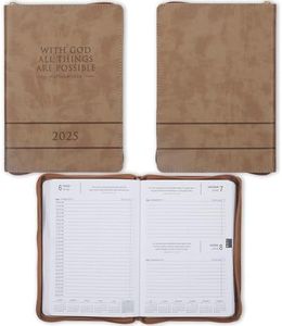 Christian Art Gifts 2025 12 Month Executive Vegan Leather Planner for Women & Men: All Things are Possible Inspirational Bible Verse, Daily Personal Organizer w/Zipper Closure & Ribbon, Tan