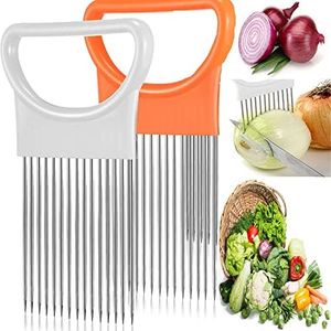 2PCS All-In-One Onion Holder Slicer, Stainless Steel Assistant Slicers Cutter Chopper, Vegetable Fruits Slicing Assistant Kitchen Tool(Orange,White)