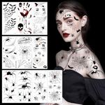 SCIONE 10 Sheets Halloween Tattoo Stickers,Halloween Face Stickers for Adults Kids, Spider Bat Halloween Temporary Tattoo for Makeup Cosplay Party