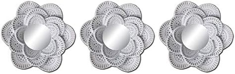 PREMIUS 3-Piece Flower Decorative Mirror Set, Featuring Round Raised Smooth Black with Silver Outlines On The Petals Creates Enormous Effect Silver, 26x9 Inches Overall (White)