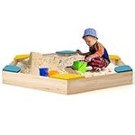 COSTWAY Kids Wooden Sandpit, Children Sandbox with Built-in Seats and Bottomless Structure, Garden Backyard Sand Play Station for Aged 3+ (6 Seats)