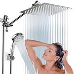 Shower Head, 8" High Pressure Rainfall Shower Head with 11" Adjustable Extension Arm and 9 Settings Handheld Showerhead Combo with Holder, Retractable 59" Hose, Flow Regulator, Chrome