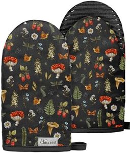 chiccrest Mini Oven Mitts Heat Resistant with Full Silicone Grip - Black Mushroom Kitchen Mitts Washable Non-Slip 100% Cotton Oven Mitts for Women