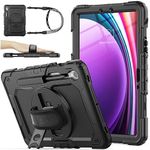 SEYMAC stock Case with Screen Protector Pencil Holder [360 Rotating Hand Strap] &Stand, Drop-Proof Case for Galaxy Tab S9 11''/ S9 FE 10.9'', Black