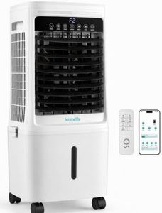 SereneLife Tower Fan, Smart Stand Up Bladeless Tower Fan with WiFi and Remote Control, 1700 CFM High Velocity Output, 25 Liter Detachable Water Tank, Boosted AC Flow with 4 Ice Packs Included