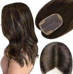 Full Shine Hair Toppers For Women With Thinning Hair 3 * 5 Inch Topper Replacement Real Human Hair Wiglet Balayage Dark Brown To Light Brown Highlight Brown Real Hair Topper Hair Clips 14 Inch