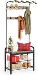 VASAGLE Coat Rack Stand, Free Standing Hall Tree, Coat Stand with Removable Hooks, Bench and Shoe Rack, Height 183 cm, Steel, Industrial, Greige and Black HSR40MB