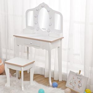 Garvee Kids Vanity with Lighted Mirror, Little Girls Vanity Table & Stool, Kids Makeup with Tri-Fold Mirror, Drawer & Storage Grid for 3-9 Yrs Girls, White