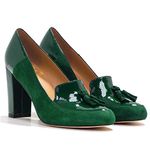 LEHOOR Women Chunky Block High Heel Fringed Pumps Round Toe, Slip On Dress Loafers with Tassel Suede Patent Leather Patchwork for Ladies Girls Office 4-15 M US, Dark Green, 6