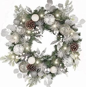 Valery Madelyn 24'' Pre-Lit Christmas Wreath for Front Door with Light, Large Lighted Outdoor Christmas Wreath with Silvery White Xmas Balls & Pinecones for Home Porch Fireplace Window Holiday Decor