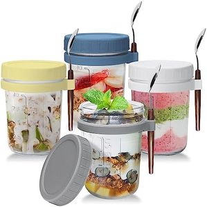 UHAPEER Glass Cereal Cups to Go with Lid and Spoon, Set of 4 Yoghurt Cups to Go with Lid and Spoon, 350 ml Preserving Jars, Overnight Oats Glasses, Salad Cups for Yogurt, Porridge, Corn Flakes, Muesli