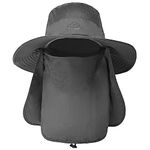 TAGVO Wide Brim Sun Hat with Detachable Neck Face Flap, Outdoor UPF 50+ Protection Fishing Hats, Camping Hiking Walking Travel Sun Bucket Hats Foldable Sun Caps - Adjustable Chin Strap Dark Grey