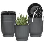 T4U 4 Inch Self Watering Pots 6 Pack, Plastic Plant Pots with Holder, Windowsill Flowers Pots for All Indoor Outdoor Plants, African Violets (Grey)