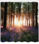 ABAKUHAUS Forest Shower Curtain, Bluebell Woods Sunrise with White Rabbit Sunny Spring Day in Woodland, Cloth Fabric Bathroom Decor Set with Hooks, 78 Inches, Purple Green