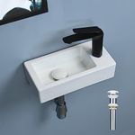 bathivy 15"x7.5" Wall Mount Corner Bathroom Sink with Pop-up Drain & Installation Kit, Rectangular White Ceramic Vessel Sink, Wall Hung Mini Floating Sink, Small Corner Sink for Bathrooms(Right Hand)