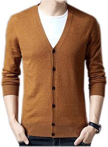 Flygo Men's Fall Winter Classic Cashmere Knit V-Neck Cardigan Long Sleeve Button-Down Sweater (M, Caramel)