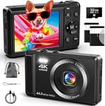 4K Digital Camera with 32 GB TF Card, 44 MP Auto Focus Camera with 16X Digital Zoom, Portable Compact Camera with Rechargeable 2 1200 mAh Batteries, USB Cable, for Teenagers, Adults, Beginners