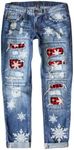 EVALESS Ripped Jeans for Women Christmas Snow Print Distressed Boyfriend Skinny Distressed Cute Denim Jeans Pants with Hole Sky Blue Small