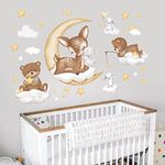 wondever Sleeping Animal Bear Deer Wall Stickers Fawn Moon and Stars Clouds Peel and Stick Wall Art Decals for Kids Bedroom Baby Nursery