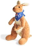 BOHS Kangaroo Stuffed Animal Toy with Joey in Pouch and Australia Scarf - Soft and Cuddly Plush Toy for Kids - 11.8 Inches