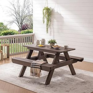 Psilvam Poly Lumber Outdoor Picnic Table with Attached Benches, Dark Brown