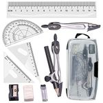 Tuloka Drafting Geometry Compasses 10pcs School Maths Full Set Protractor Rulers for Students Maths and Home Schooling in Carry Case