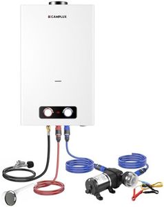 CAMPLUX Tankless Water Heater Outdoor, 4.22 GPM Propane Water Heater with 3.3 GPM Water Pump Kit & Pipe Strainer, for Off Grid, Cabins, 110,000 BTU, BD422P120