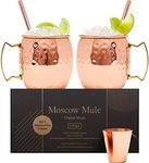 will's Moscow Mule Copper Mugs - Set of 2-100% Pure Solid Copper Mugs - 16 oz Premium Gift Set with 2 Cocktail Copper Straws, Shot Glass and Recipe Booklet