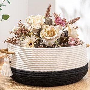 KAKAMAY Woven Baskets for Storage(16"x8"),Blanket Basket for Organizing Living Room,Cotton Rope Basket Woven Baby Laundry Hamper,Collapsible Laundry Room Organization,Clothes,Toy Chest(Black)