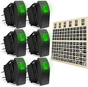 eFuncar 6PCS Rocker Switch 12V 24V ON/Off Green Light 4 Pin SPST Waterproof Toggle Switch for Car Marine UTV Offroad with Night Glow Stickers