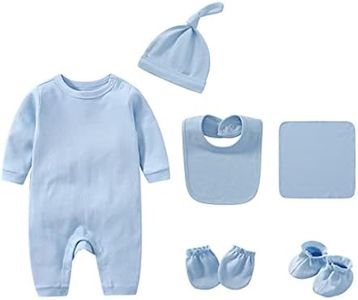 Infant Romper+Burp Cloth+Bib+Mittens+Shoes+Cap Set Breathable Healthy Fabric Tops for Baby (Blue, (0-3) month)