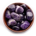 Plus Value Natural Amethyst Pebbles Tumbled Stone for Vastu Feng Shui Reiki Crystal Chakra Healing Meditation (300 Grams, Wooden Bowl)