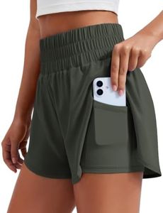PINSPARK 2 in 1 Running Shorts for Women Soft High Waisted Athletic Short Gym Workout Lined Shorts Quick Dry 3'' Comfy Short with 2 Pockets, Olive Green Large
