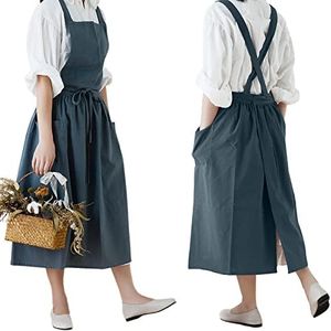 Cotton Linen Apron Japanese Style Waterproof Aprons With Pockets for Kitchen Cafe Flower Shop Smock (Blue), Blue, Medium